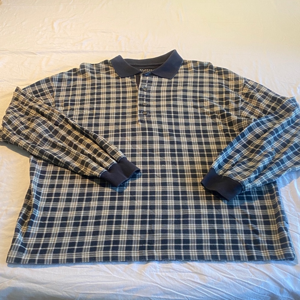 Structure Men's Navy and White Plaid Long Sleeve Button-Down Polo